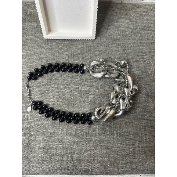 Lucia Silver & Black Beaded Statement Necklace Chunky Chain Design Women Fashion - Picture 3 of 6